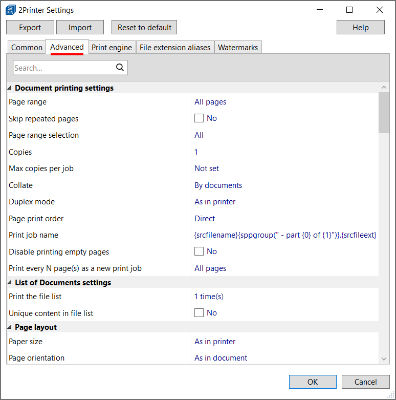 Advanced printing settings of 2Printer