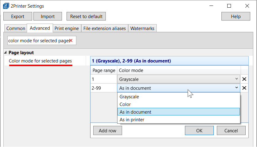 2Printer - Color mode for selected pages 2Printer - Color mode for selected pages