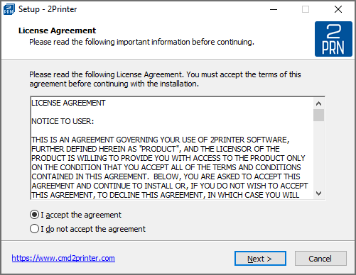 2Printer End User License Agreement