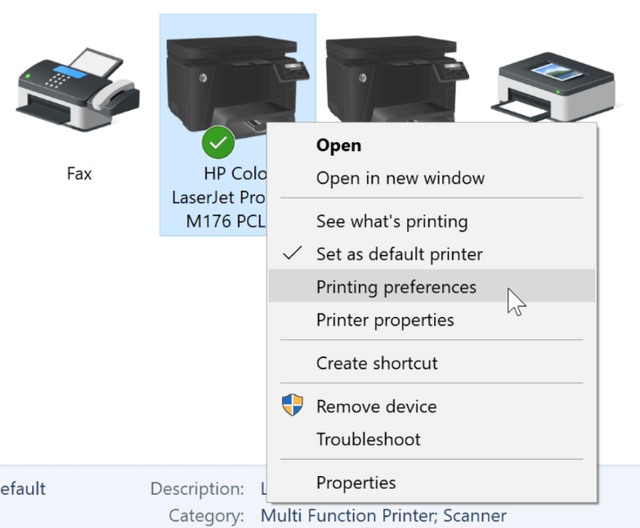 Changing printing preferences in Windows