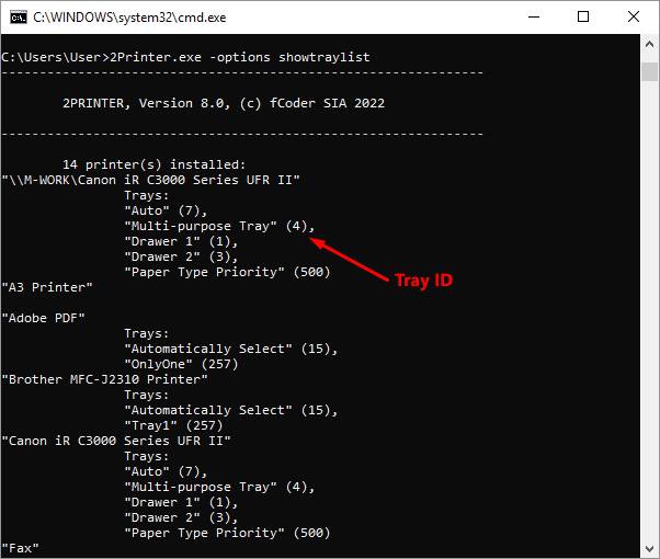 Show a list of printers and their trays